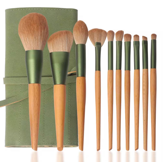 10 PCS Makeup Brush Set, Wooden Handles, Naturalistic Feel - Green Metallic Edition - Soft Brush Heads With Dust Proof Brush Bag