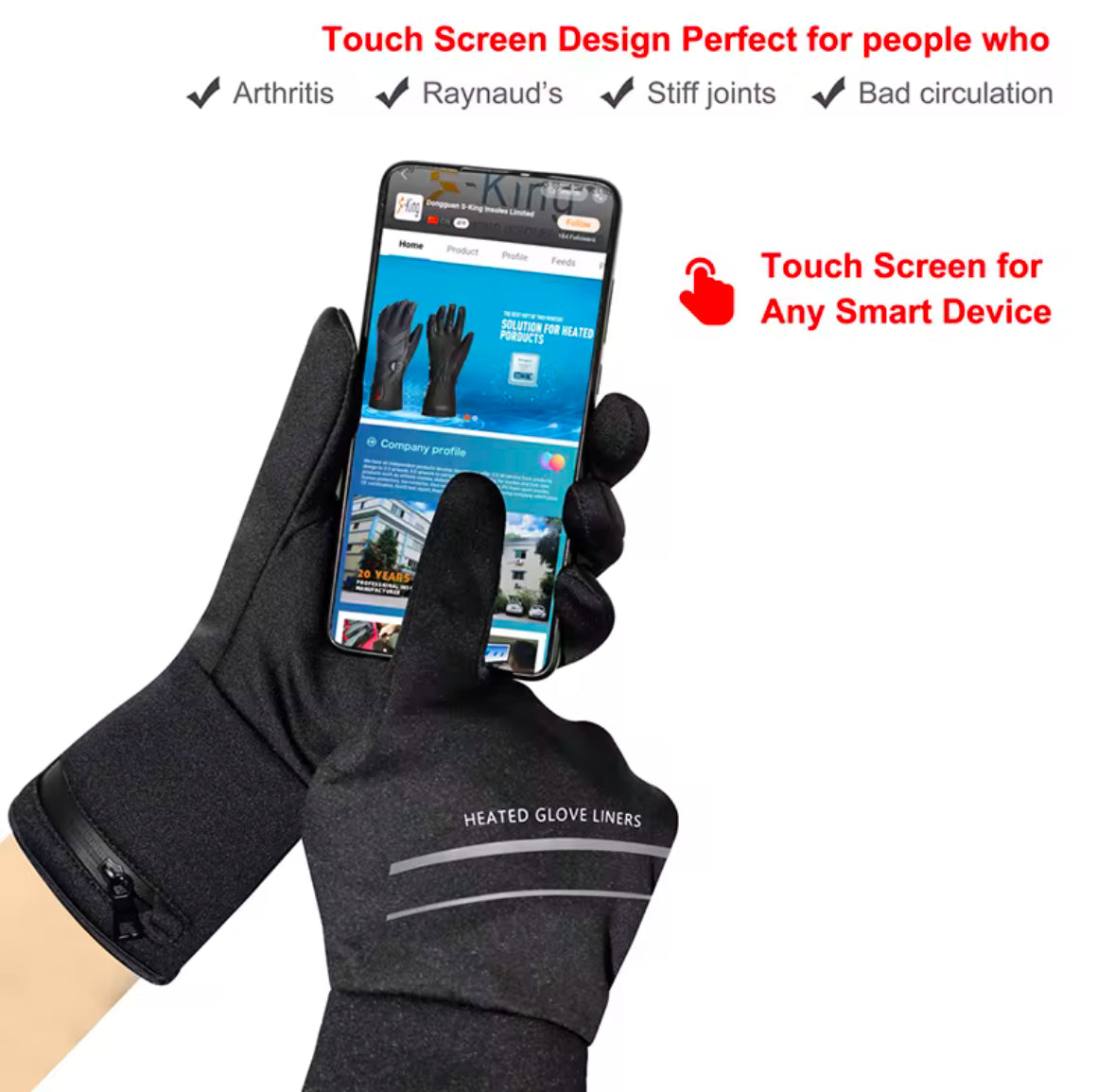 Touchscreen Winter Heated Gloves - 3 Level Adjustable Heating, Simple Button Mechanism - Thin, Breathable Fabric, Comfy To Wear