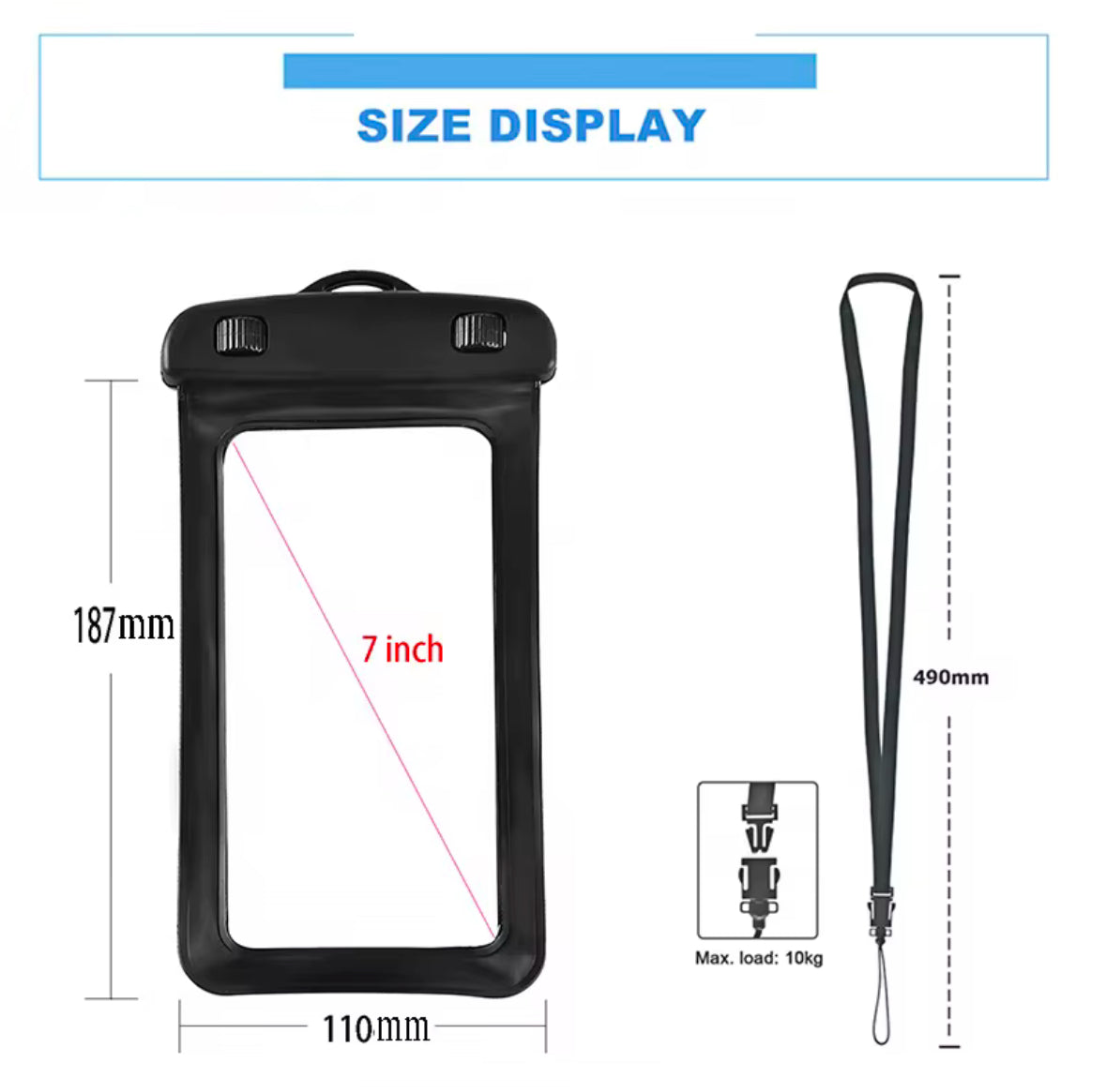 7 Inch Waterproof Phone Case - Phone Case Bag With ABS Clip, IPX8 Waterproof Test - 20 Meter Protection