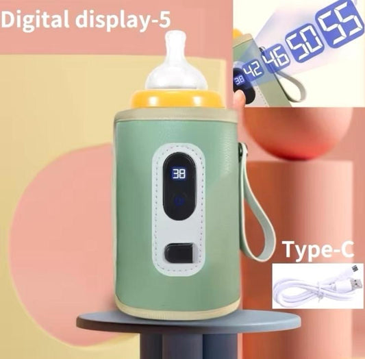 Green USB Baby Milk Bottle Thermal Bag with Digital Display for Traveling - Portable Bottle Heater